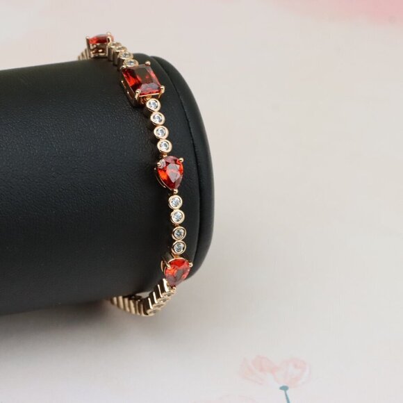 "Rose Gold Bracelet with Red Gem Accents and Round White Stones, XPBL0845 - Picture 10 of 13